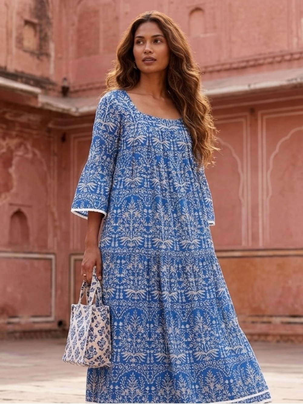 Pink City Prints Midi Dress Womens XS/S Blue Floral Block Print Boho